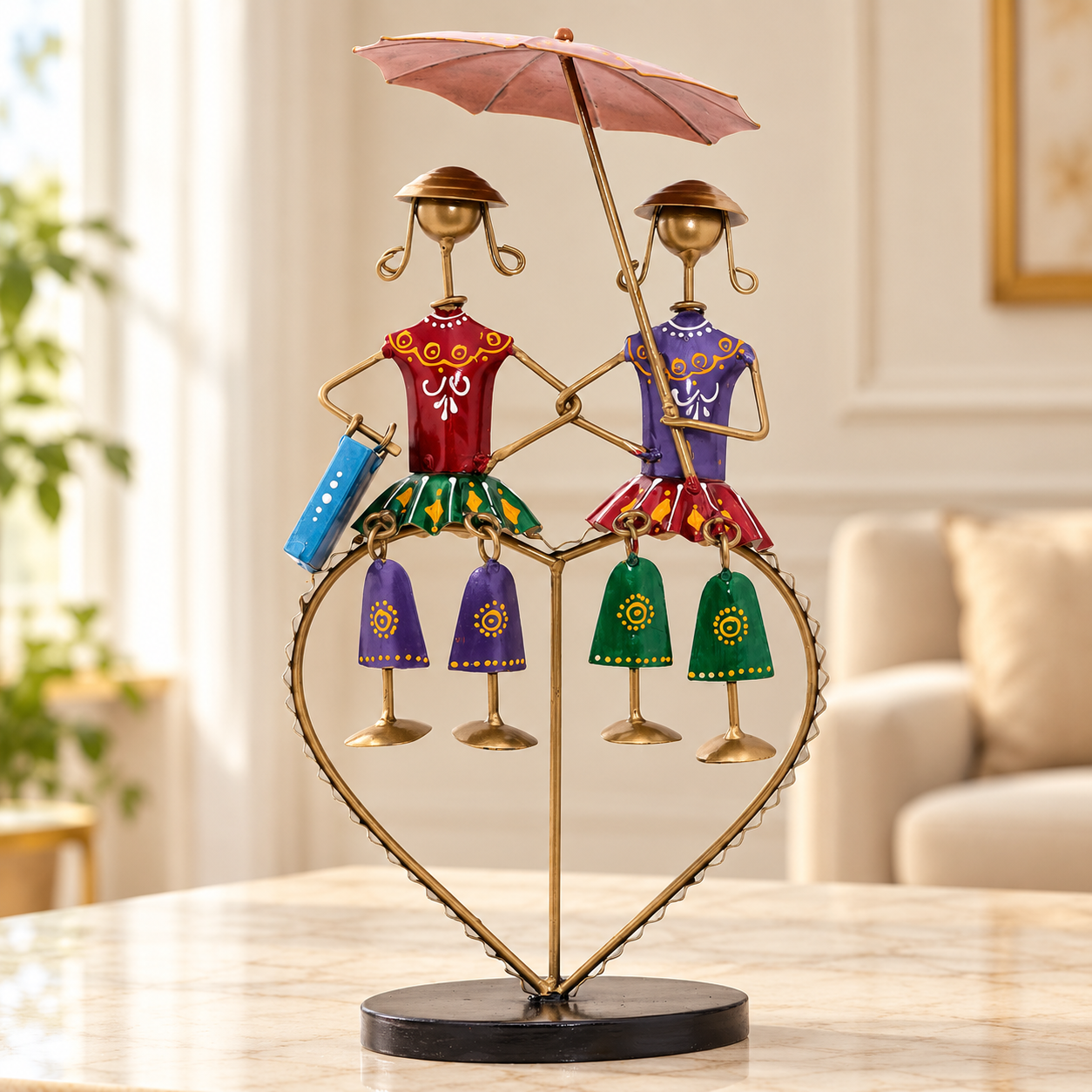 Valentine Couple Love Dolls Showpiece, Vibrant Colourful Iron Metal Two Doll with Umbrella on a Heart Stand Tabletop Home Decor Gift Set