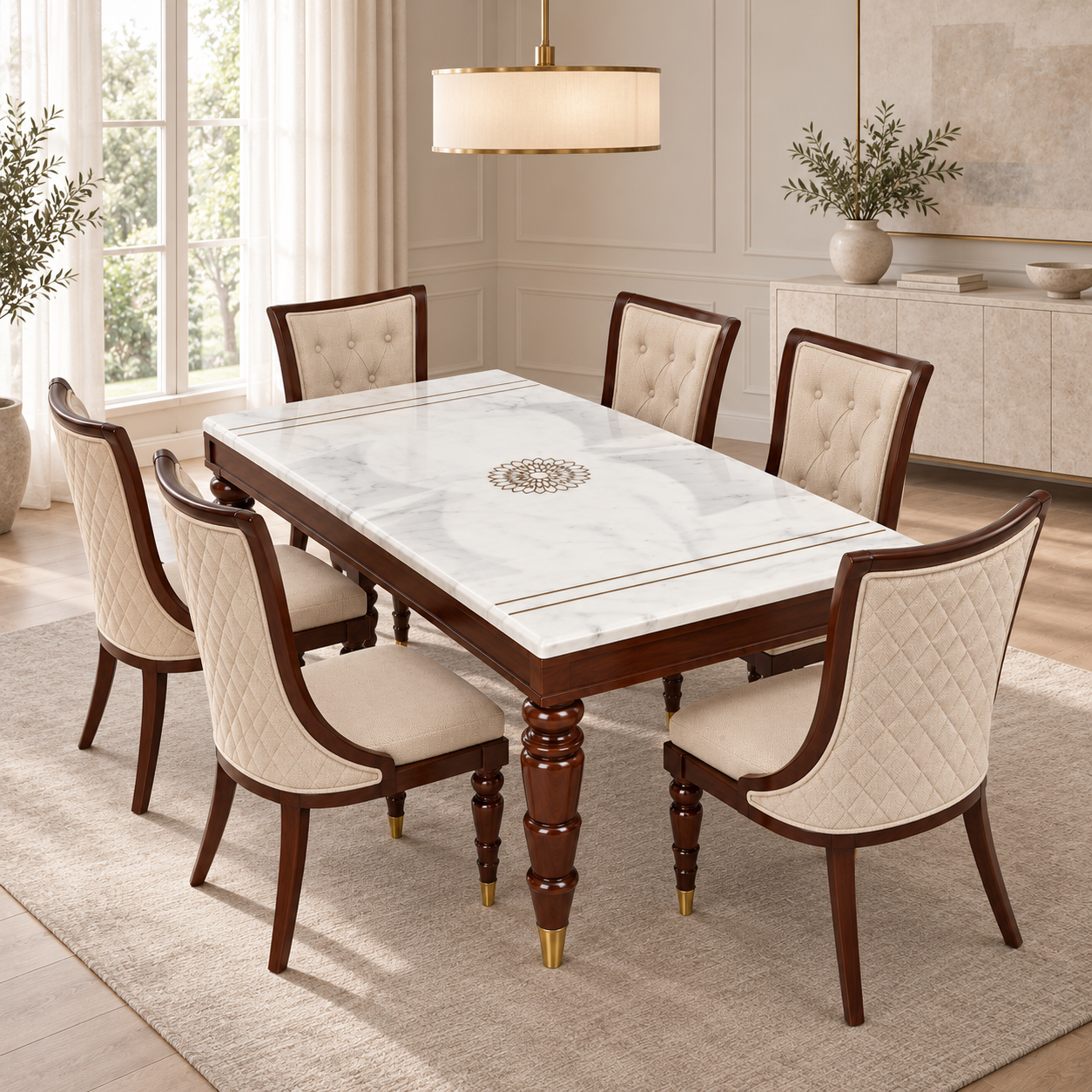 Aaryan 6-Seater Dining Set – Indo Marble Top with Inlay Work & Polister, Walnut Finish & Beige Upholstery