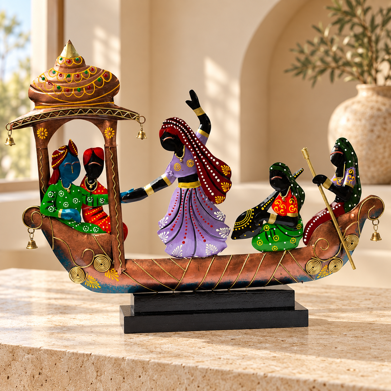 Handcrafted Ethnic Tribal Boat with Dancing Musicians Showpiece - 15x18 Inch Home Décor with Wooden Base - Gift for Housewarming, Festivals, Weddings, Corporate Events
