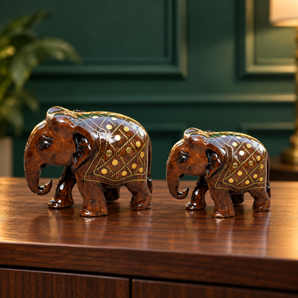 Handcrafted Wooden Taarkasi Elephant Showpiece Set of 2 for Home Decor Tabletop | Brass Inlay Elephant Statue for Vastu, Gifting & Office Decor