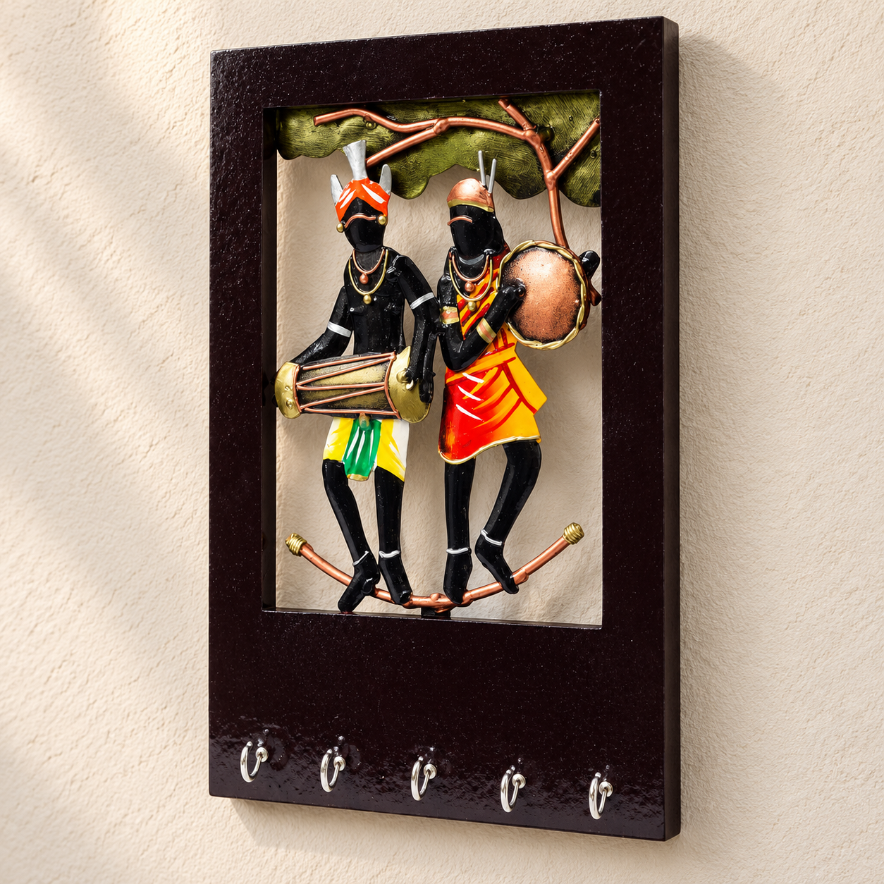 Wall Tribal Key Holder – 5 Hook Handcrafted Wooden and Metal Showpiece Keychain Holder Folk Art Decor for Entryway Organization