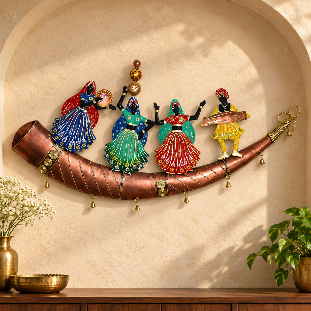 Trumpet Dancers Iron Metal Showpiece, Rajasthani Folk Art Decor, 28x13 Inch Tabletop or Wall Hanging with Removable Base, Perfect for Living Room, Restaurant & Gift