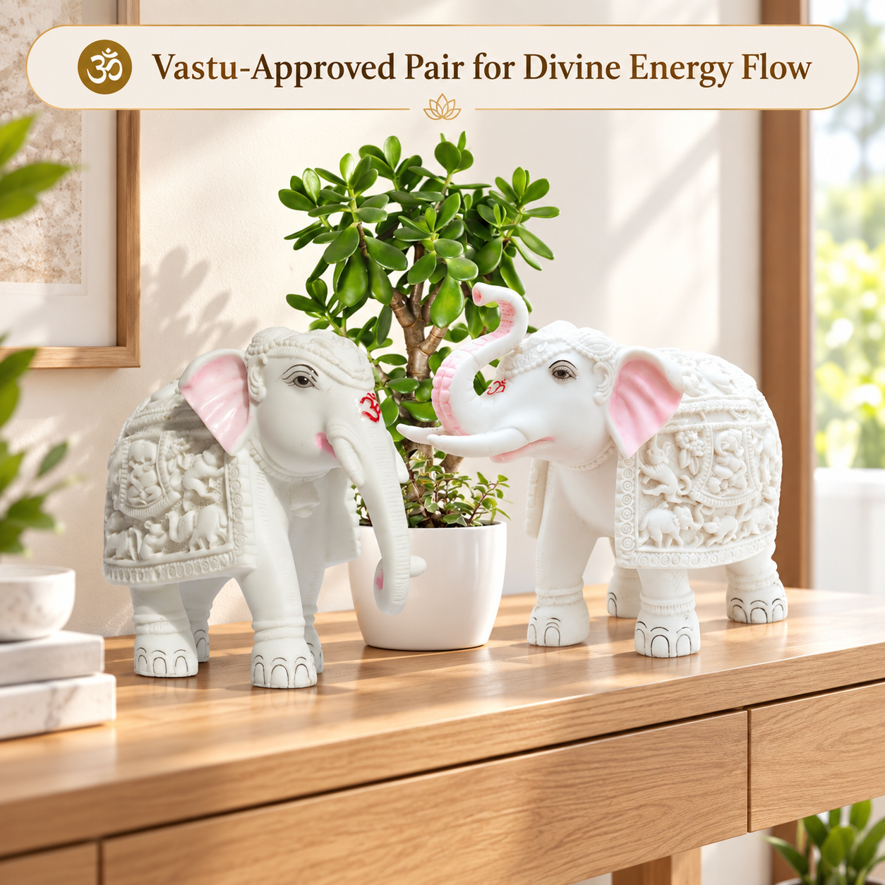 Harmony White Marble Elephant Pair Showpiece - Trunk Up 8 inch & Trunk Down 7 inch Polyresin Vastu Decor Statue for Home, Feng Shui, Positivity & Gifting