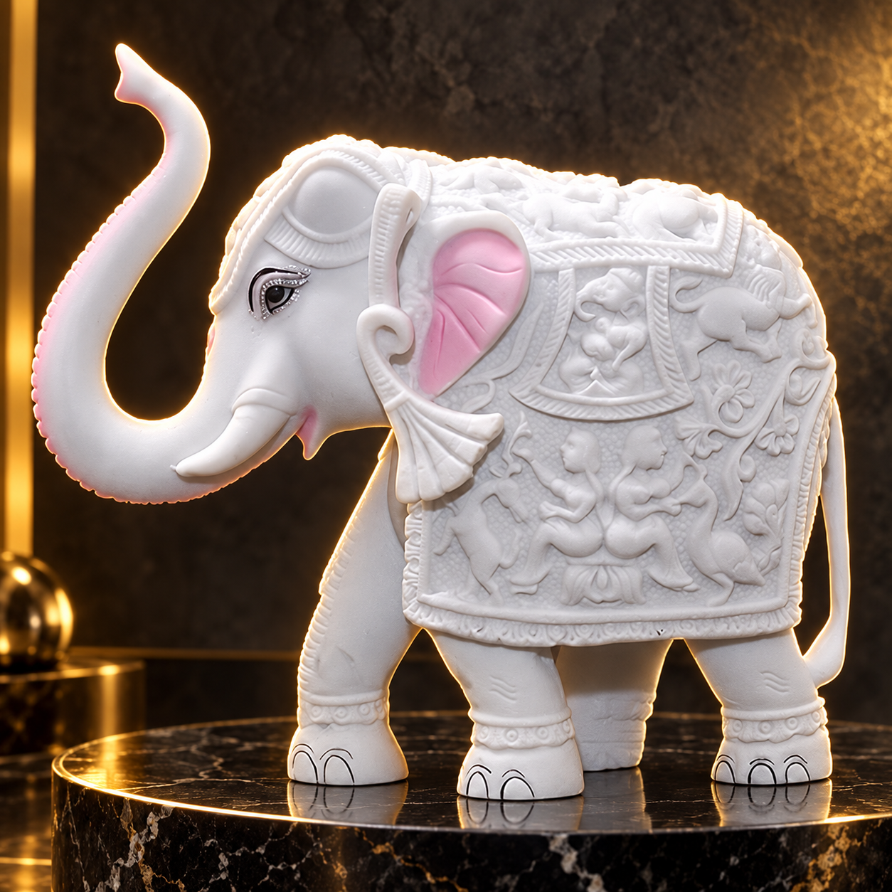 White Om Elephant Showpiece – 4 x 5 Inch Marble Finish Resin Hathi Statue for Vastu, Shelf, Study Table & Home Decor
