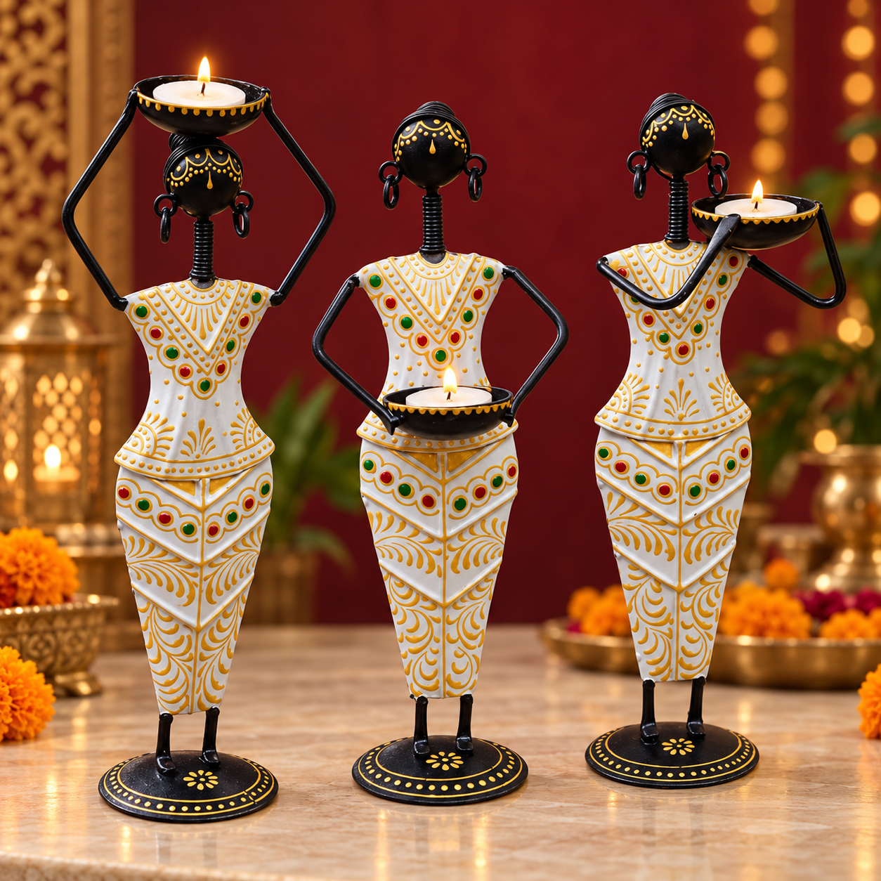 Traditional Tribal Tealight Holder Showpieces – Handmade Ethnic Decor for Home, Diwali, Wedding, Festivals, Gifting (Women-Set of 3)