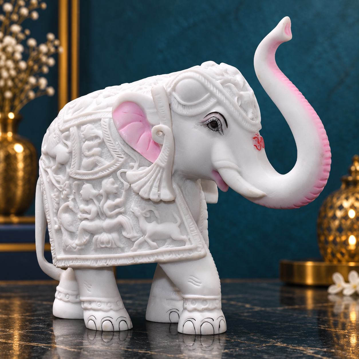 White Om Elephant Showpiece – 6 Inch Marble Finish Resin Hathi Statue for Vastu, Shelf, Study Table & Home Decor