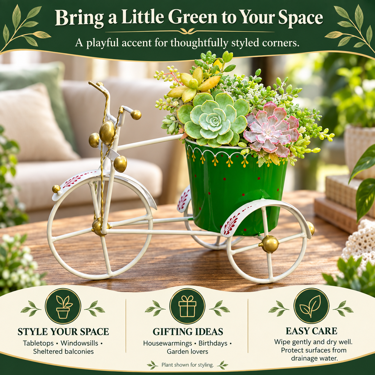 Garden Planter with Drainage Hole – Rust-Resistant Iron Flower Pot Bonsai Succulent Plants Holder for Indoor & Outdoor Home Décor, Decorative Items for Living Room (Tricycle Green)