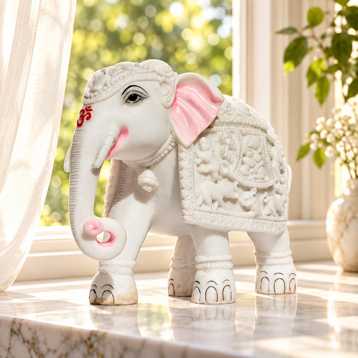 White Om Elephant Showpiece – 7 Inch Premium Marble Finish Resin Hathi Statue for Vastu, Study Table & Gifting